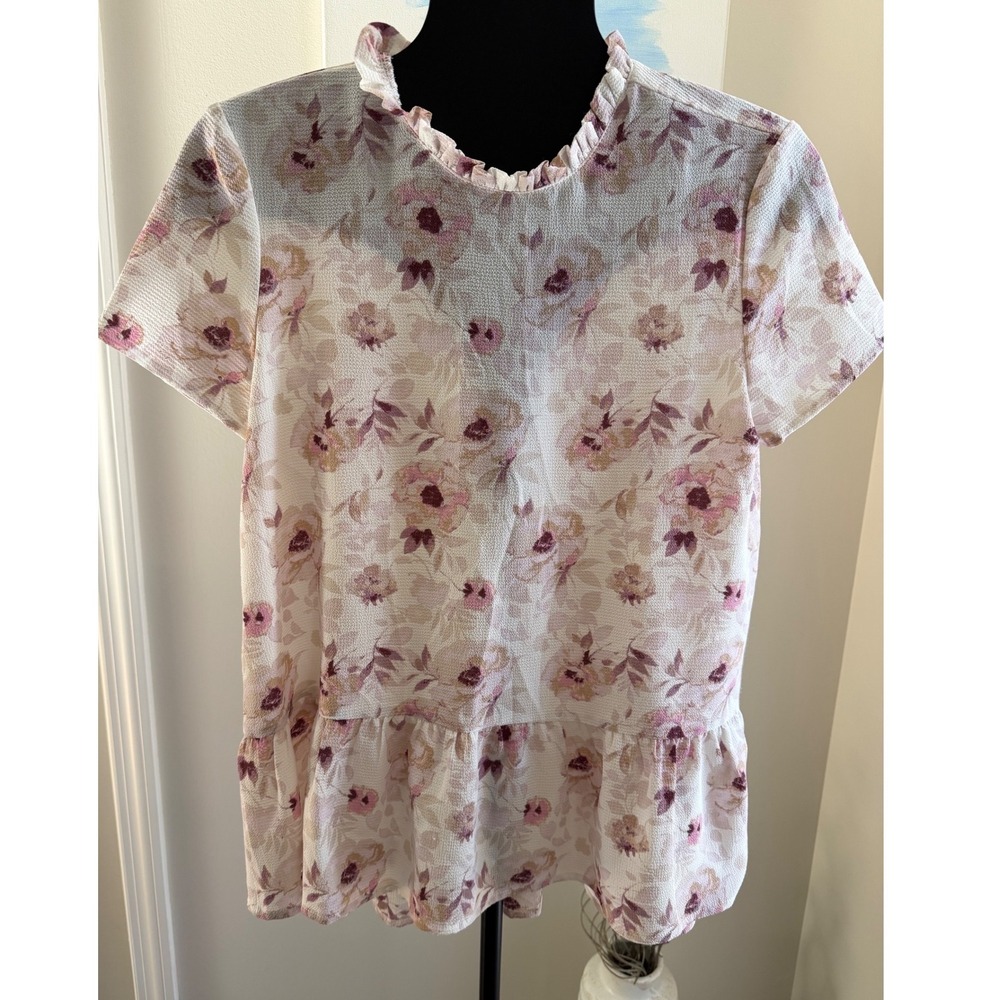 Downeast Floral Ruffle Neck Peplum Blouse Mauve Pink‎ Short Sleeve Top S